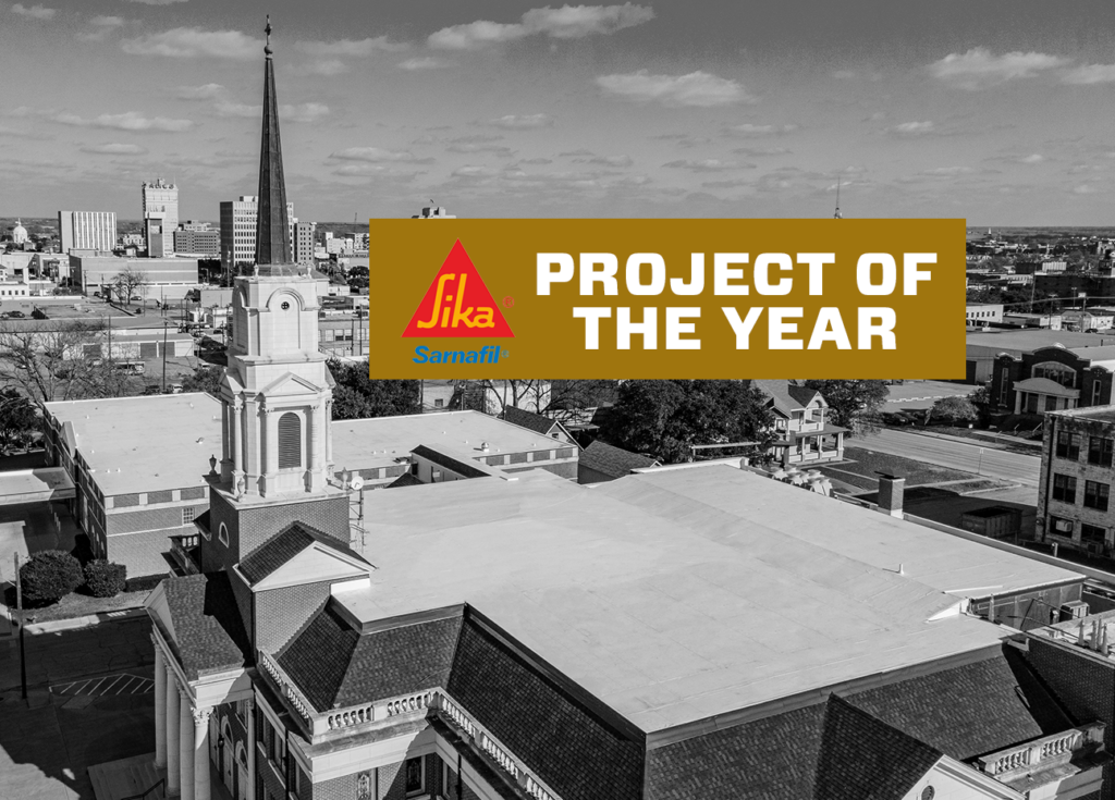 Black and white image of a church with an overlay graphic that reads 'Project of the Year'