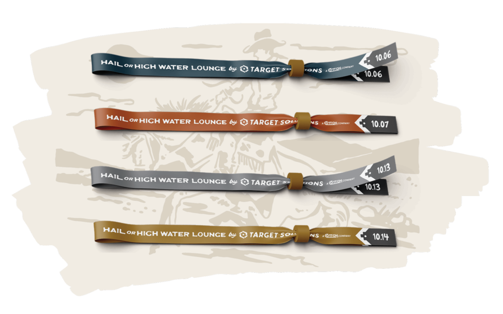 Four event wristbands that have the words "Hail or High Water Lounge by Target Solutions" printed on them