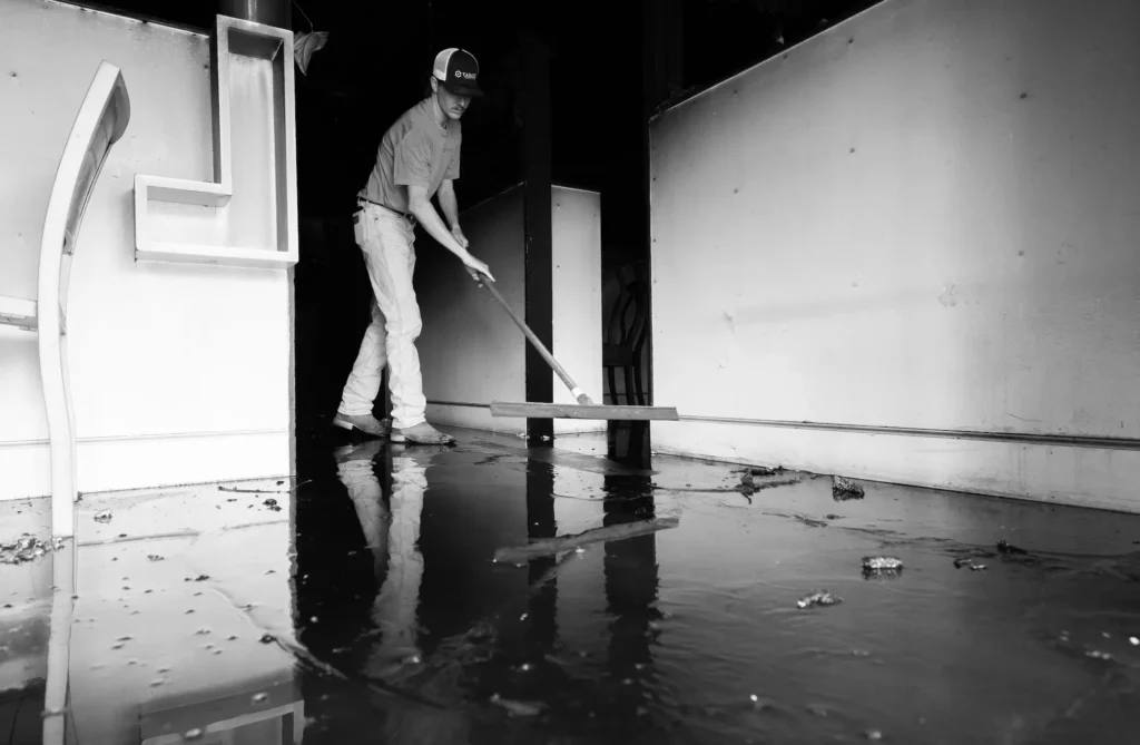 man cleaning an apartment affected by water damage