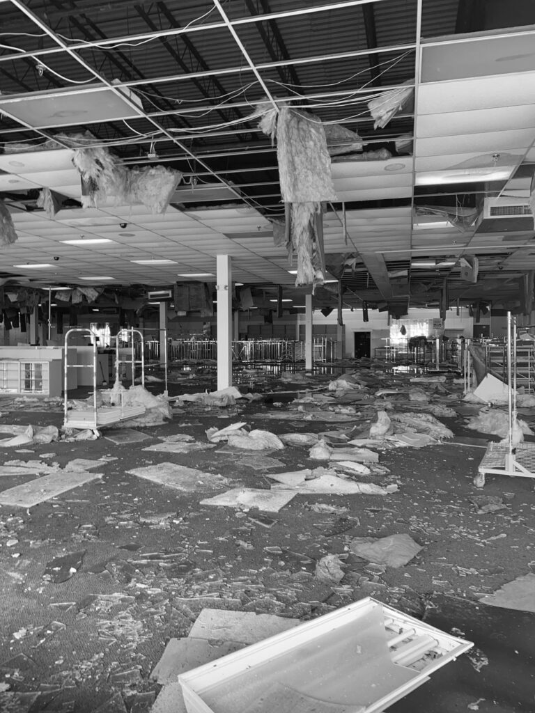 Hurricane wind and water damage at shopping mall