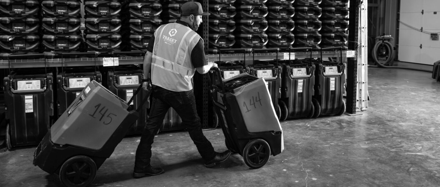 Technician loading dehumidifiers into van